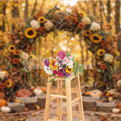 Lofaris Rustic Autumn Arch Photography Backdrop with Sunflowers Pumpkins and Golden Forest Leaves for Fall Photoshoot