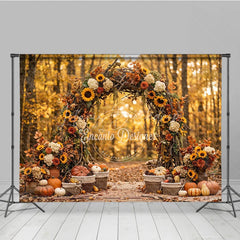 Lofaris Rustic Autumn Arch Photography Backdrop with Sunflowers Pumpkins and Golden Forest Leaves for Fall Photoshoot