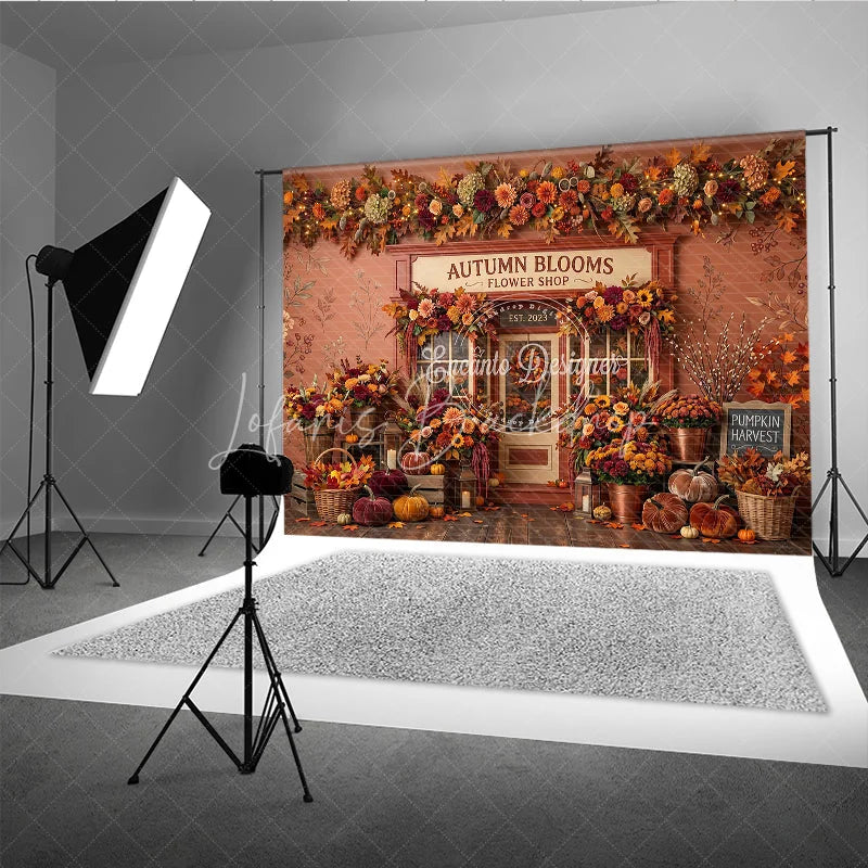 Lofaris Rustic Autumn Blooms Flower Shop Photography Backdrop with Vibrant Fall Leaves and Pumpkins Seasonal Decor
