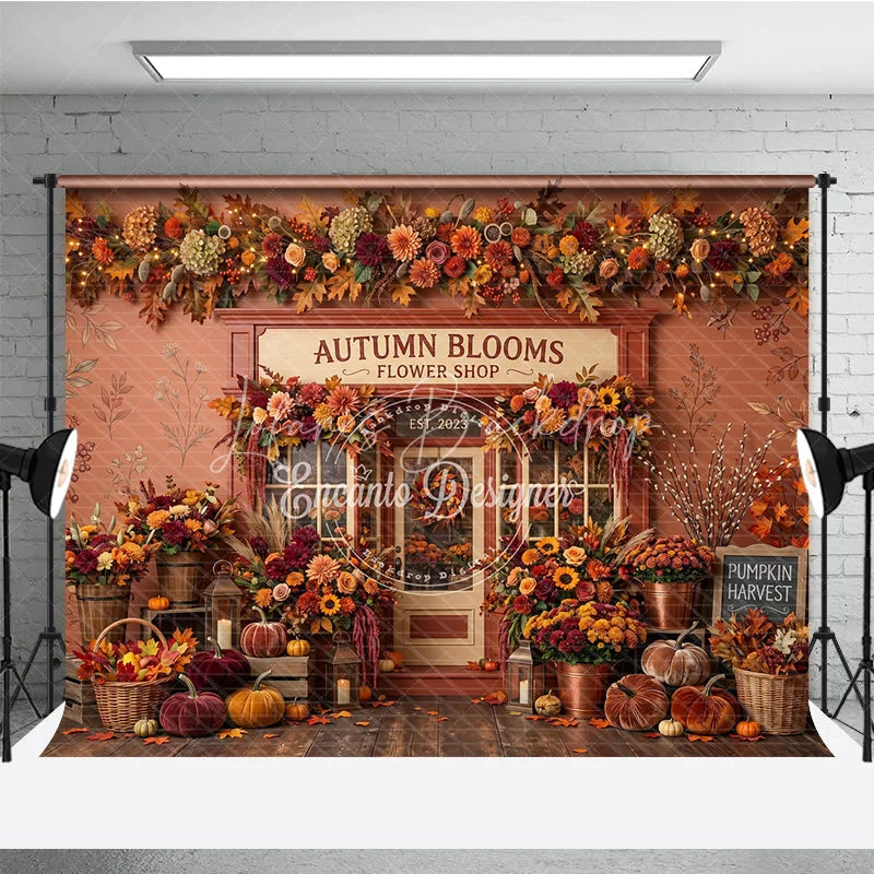 Lofaris Rustic Autumn Blooms Flower Shop Photography Backdrop with Vibrant Fall Leaves and Pumpkins Seasonal Decor