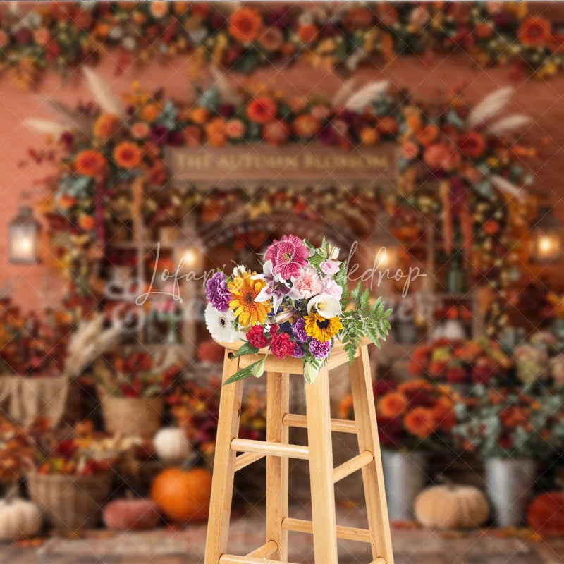 Lofaris Rustic Autumn Blossom Photography Backdrop with Vibrant Fall Flowers Pumpkins and Cozy String Lights