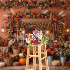 Lofaris Rustic Autumn Blossom Photography Backdrop with Vibrant Fall Flowers Pumpkins and Cozy String Lights