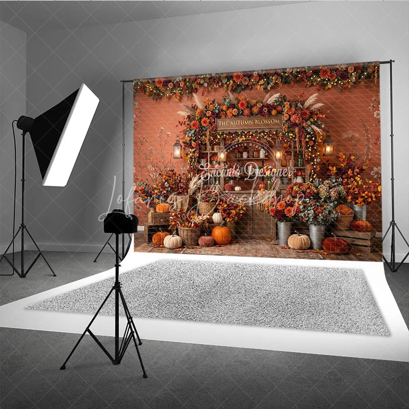 Lofaris Rustic Autumn Blossom Photography Backdrop with Vibrant Fall Flowers Pumpkins and Cozy String Lights
