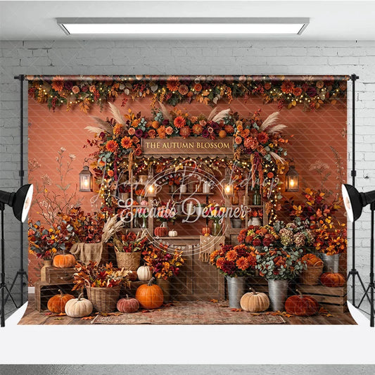 Lofaris Rustic Autumn Blossom Photography Backdrop with Vibrant Fall Flowers Pumpkins and Cozy String Lights