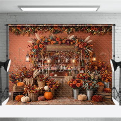 Lofaris Rustic Autumn Blossom Photography Backdrop with Vibrant Fall Flowers Pumpkins and Cozy String Lights