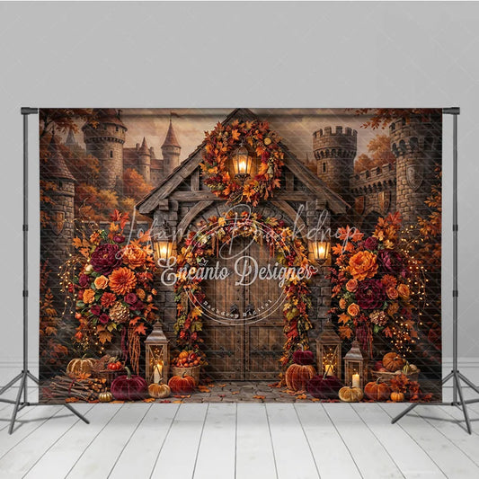 Lofaris Rustic Autumn Castle Door Photography Backdrop Enchanting Fall Leaves and Floral Decor with Pumpkins