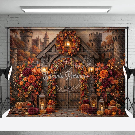 Lofaris Rustic Autumn Castle Door Photography Backdrop Enchanting Fall Leaves and Floral Decor with Pumpkins