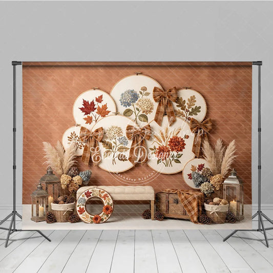 Lofaris Rustic Autumn Embroidery Hoop Photography Backdrop with Plaid Bows Fall Leaves and Hydrangeas Harvest Decor