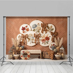 Lofaris Rustic Autumn Embroidery Hoop Photography Backdrop with Plaid Bows Fall Leaves and Hydrangeas Harvest Decor