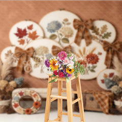 Lofaris Rustic Autumn Embroidery Hoop Photography Backdrop with Plaid Bows Fall Leaves and Hydrangeas Harvest Decor