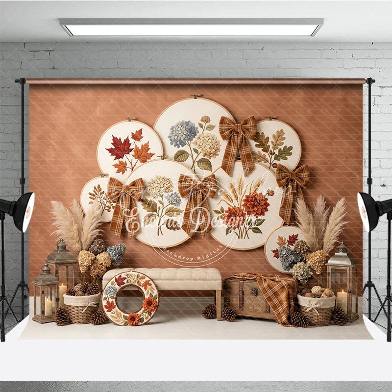 Lofaris Rustic Autumn Embroidery Hoop Photography Backdrop with Plaid Bows Fall Leaves and Hydrangeas Harvest Decor