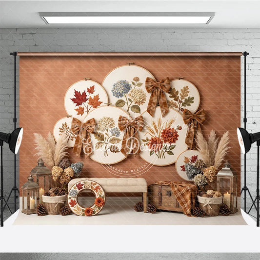 Lofaris Rustic Autumn Embroidery Hoop Photography Backdrop with Plaid Bows Fall Leaves and Hydrangeas Harvest Decor