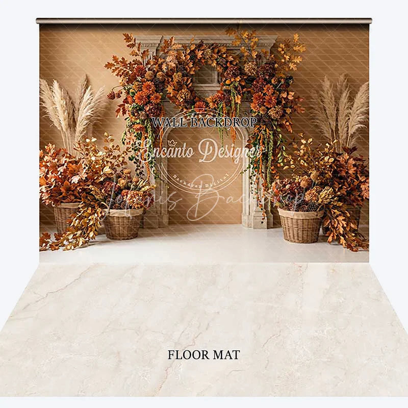 Lofaris Rustic Autumn Fall Fireplace Foliage Combo Set Backdrop with Pampas Grass and Cozy Harvest Decor
