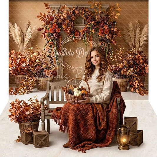 Lofaris Rustic Autumn Fall Fireplace Foliage Combo Set Backdrop with Pampas Grass and Cozy Harvest Decor