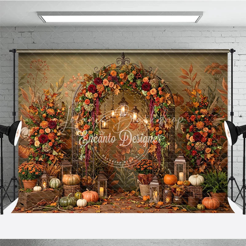 Lofaris Rustic Autumn Fall Foliage Photography Backdrop Elegant Archway with Pumpkins and Lanterns Harvest Celebration Decor
