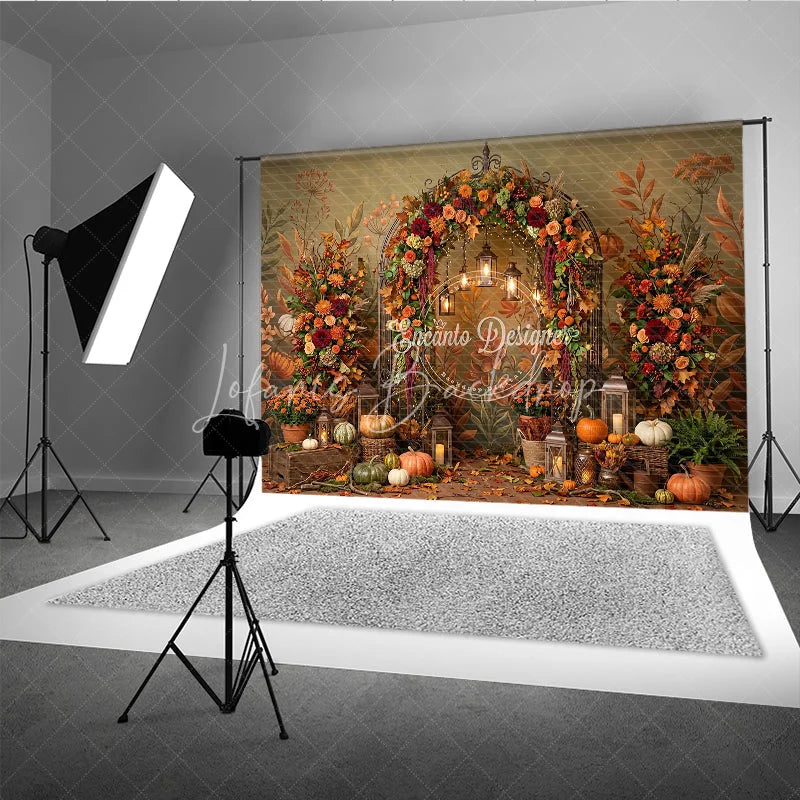 Lofaris Rustic Autumn Fall Foliage Photography Backdrop Elegant Archway with Pumpkins and Lanterns Harvest Celebration Decor