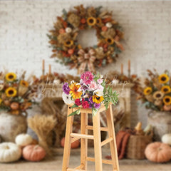 Lofaris Rustic Autumn Fall Harvest Photography Backdrop Sunflowers and Pumpkins Wreath White Brick Fireplace Decor