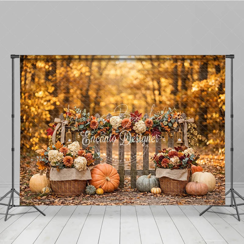 Lofaris Rustic Autumn Fall Harvest Photography Backdrop with Pumpkins Wooden Fence and Floral Garland Decor