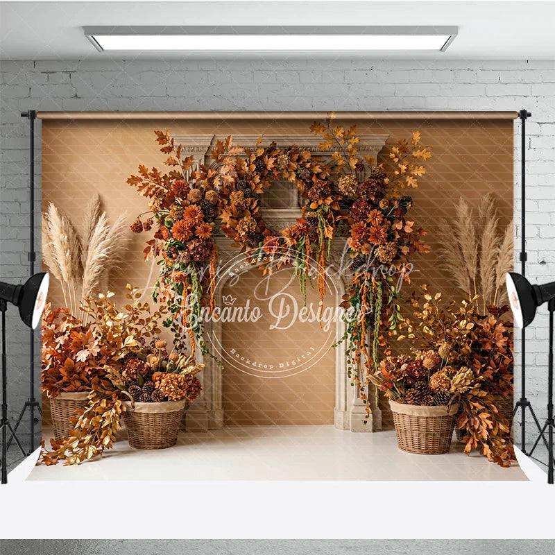 Lofaris Rustic Autumn Fall Photography Backdrop with Fireplace Mantel Golden Leaves and Pampas Grass Decor