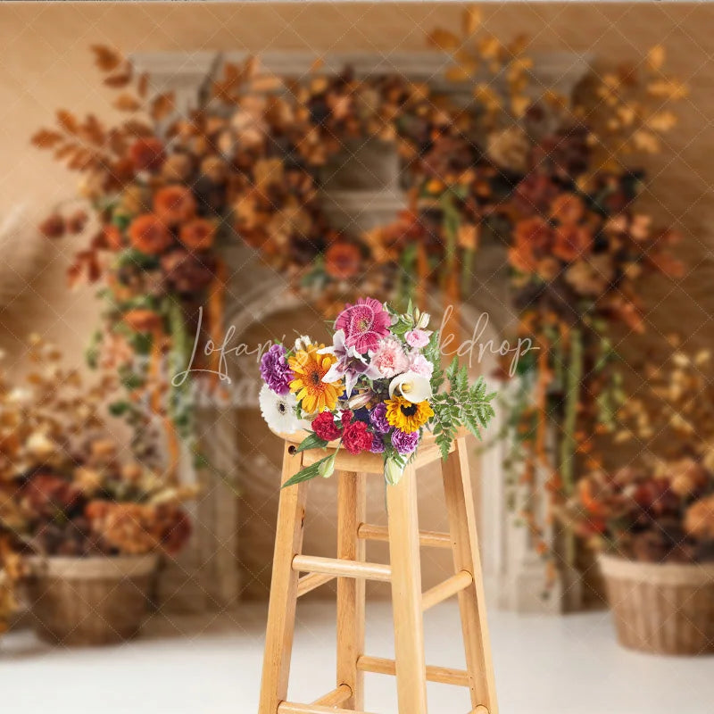 Lofaris Rustic Autumn Fall Photography Backdrop with Fireplace Mantel Golden Leaves and Pampas Grass Decor