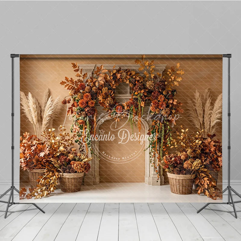 Lofaris Rustic Autumn Fall Photography Backdrop with Fireplace Mantel Golden Leaves and Pampas Grass Decor