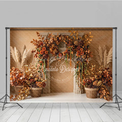 Lofaris Rustic Autumn Fall Photography Backdrop with Fireplace Mantel Golden Leaves and Pampas Grass Decor