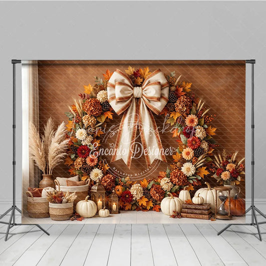 Lofaris Rustic Autumn Fall Wreath Photography Backdrop Elegant Cream Bow Pumpkins and Harvest Decor