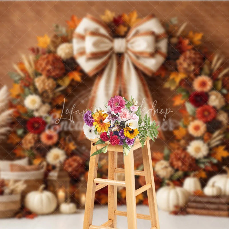 Lofaris Rustic Autumn Fall Wreath Photography Backdrop Elegant Cream Bow Pumpkins and Harvest Decor