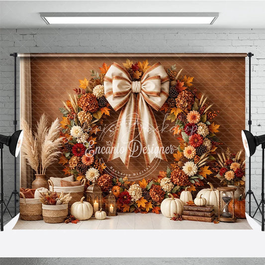 Lofaris Rustic Autumn Fall Wreath Photography Backdrop Elegant Cream Bow Pumpkins and Harvest Decor