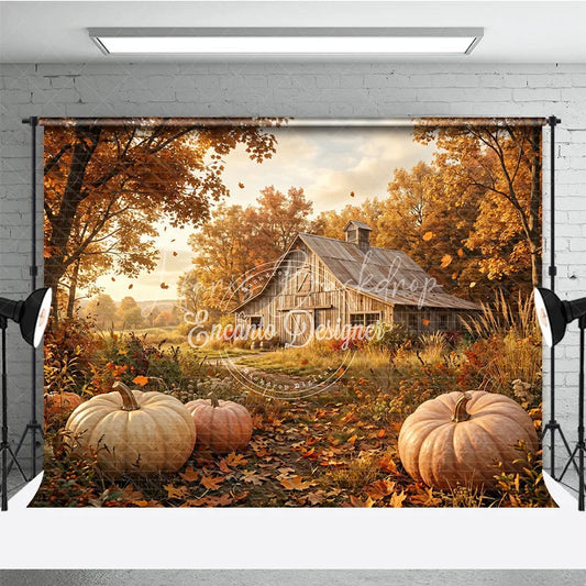 Lofaris Rustic Autumn Farm Photography Backdrop with Golden Trees Falling Leaves and Pumpkins for Fall Harvest Decor