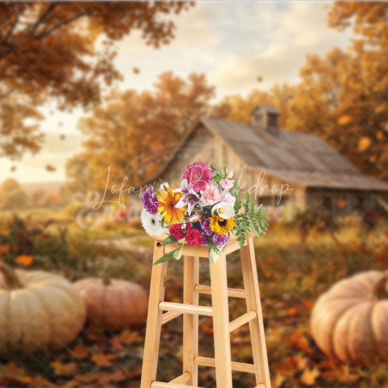 Lofaris Rustic Autumn Farm Photography Backdrop with Golden Trees Falling Leaves and Pumpkins for Fall Harvest Decor