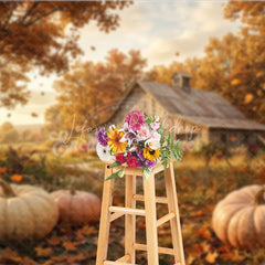 Lofaris Rustic Autumn Farm Photography Backdrop with Golden Trees Falling Leaves and Pumpkins for Fall Harvest Decor