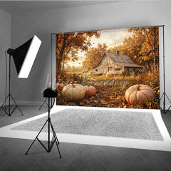 Lofaris Rustic Autumn Farm Photography Backdrop with Golden Trees Falling Leaves and Pumpkins for Fall Harvest Decor