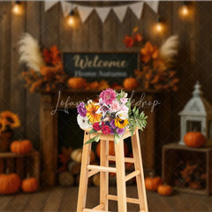 Lofaris Rustic Autumn Fireplace Photography Backdrop Welcome Home Fall with Pumpkins Thanksgiving Mini Session Background