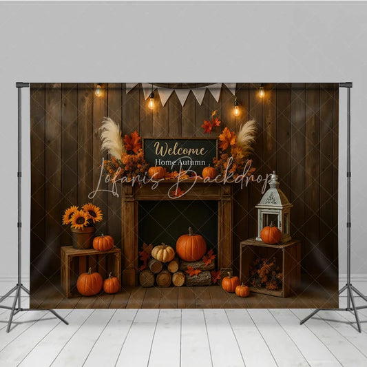 Lofaris Rustic Autumn Fireplace Photography Backdrop Welcome Home Fall with Pumpkins Thanksgiving Mini Session Background