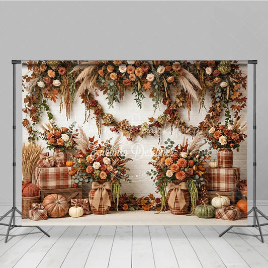 Lofaris Rustic Autumn Floral Garland Photography Backdrop with Pumpkins and Plaid Decor White Brick Wall Theme