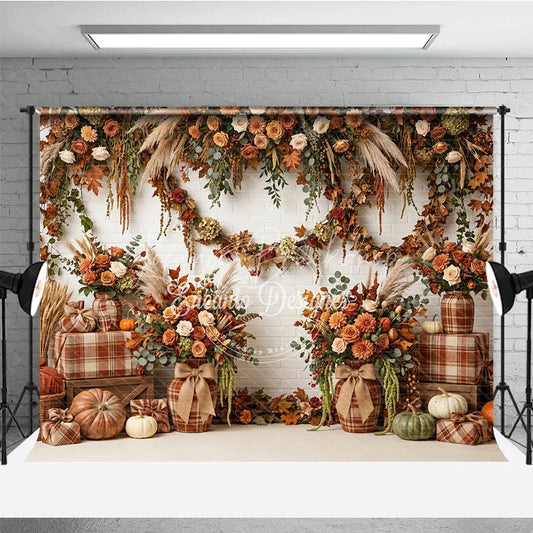 Lofaris Rustic Autumn Floral Garland Photography Backdrop with Pumpkins and Plaid Decor White Brick Wall Theme