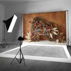 Lofaris Rustic Autumn Floral Photography Backdrop with Pampas Grass and Textured Wall Elegant Fall Season Decor
