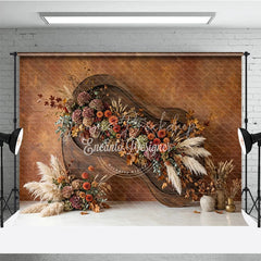 Lofaris Rustic Autumn Floral Photography Backdrop with Pampas Grass and Textured Wall Elegant Fall Season Decor