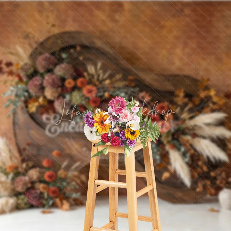 Lofaris Rustic Autumn Floral Photography Backdrop with Pampas Grass and Textured Wall Elegant Fall Season Decor