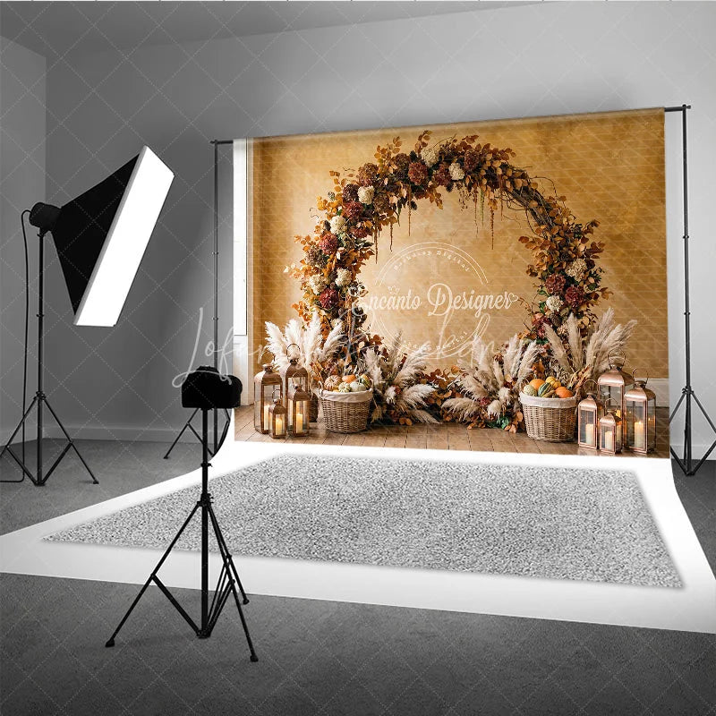 Lofaris Rustic Autumn Foliage Arch Photography Backdrop with Pampas Grass Pumpkins and Lanterns for Fall Decor