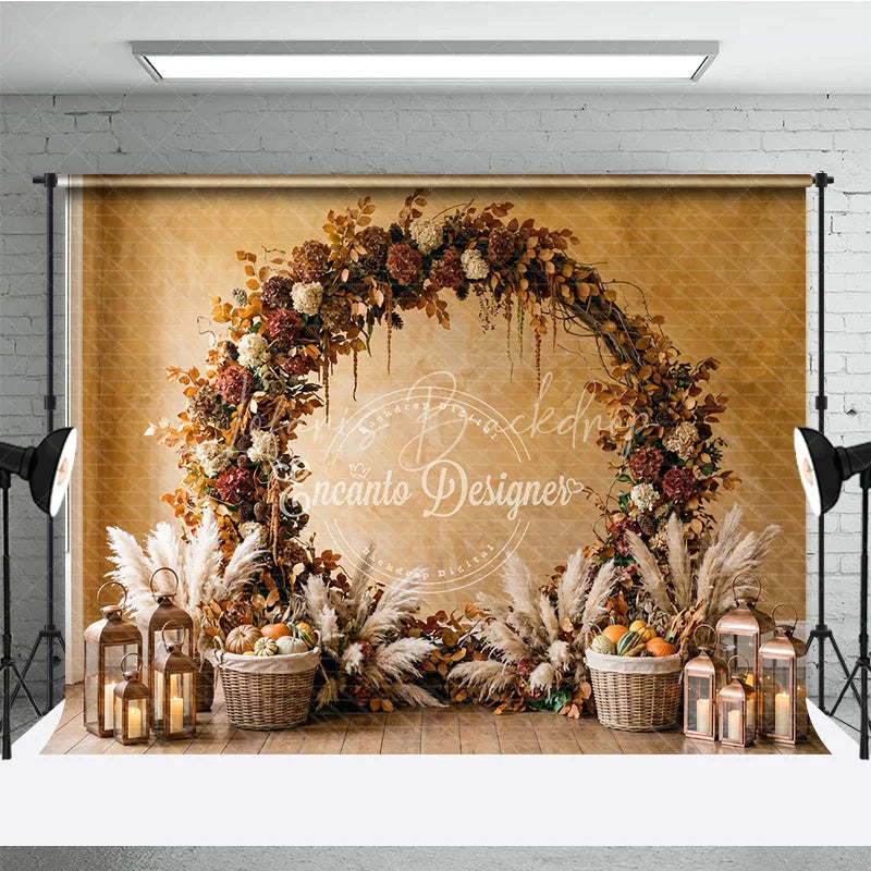 Lofaris Rustic Autumn Foliage Arch Photography Backdrop with Pampas Grass Pumpkins and Lanterns for Fall Decor