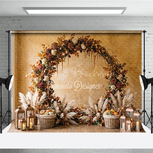 Lofaris Rustic Autumn Foliage Arch Photography Backdrop with Pampas Grass Pumpkins and Lanterns for Fall Decor