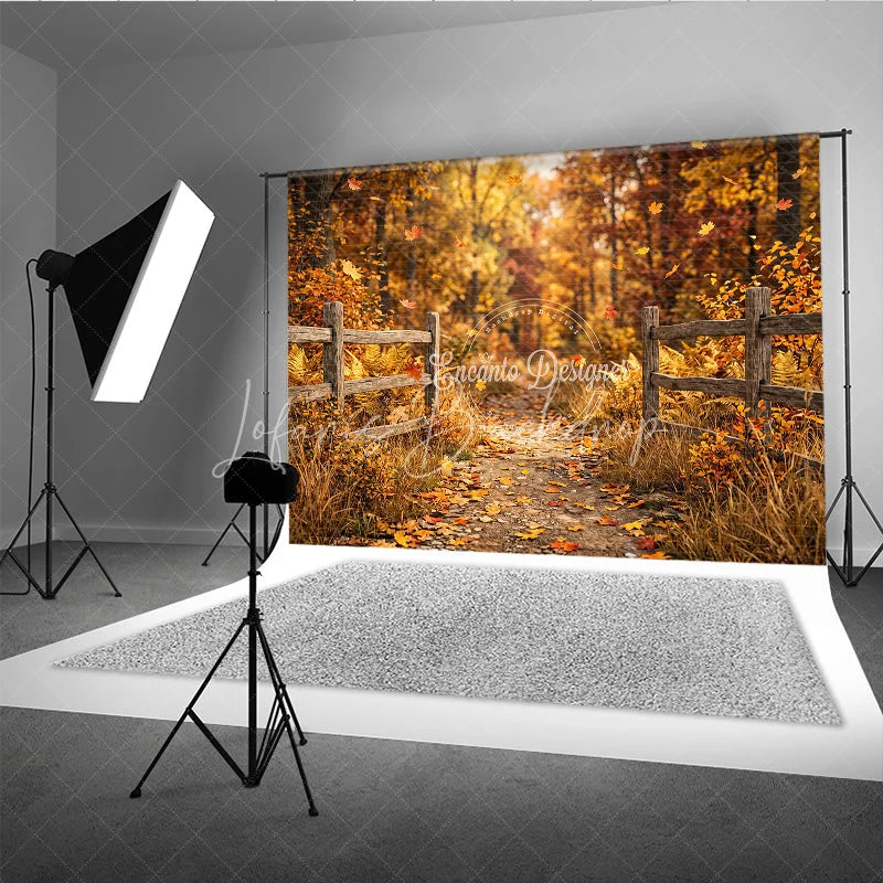 Lofaris Rustic Autumn Forest Path Photography Backdrop with Wooden Fence and Falling Leaves for Fall Photoshoots