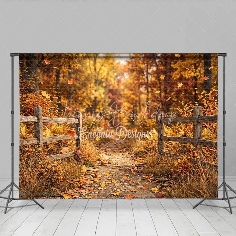 Lofaris Rustic Autumn Forest Path Photography Backdrop with Wooden Fence and Falling Leaves for Fall Photoshoots