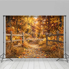 Lofaris Rustic Autumn Forest Path Photography Backdrop with Wooden Fence and Falling Leaves for Fall Photoshoots