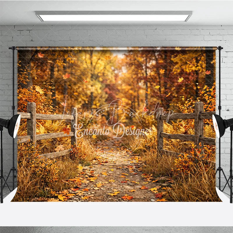 Lofaris Rustic Autumn Forest Path Photography Backdrop with Wooden Fence and Falling Leaves for Fall Photoshoots