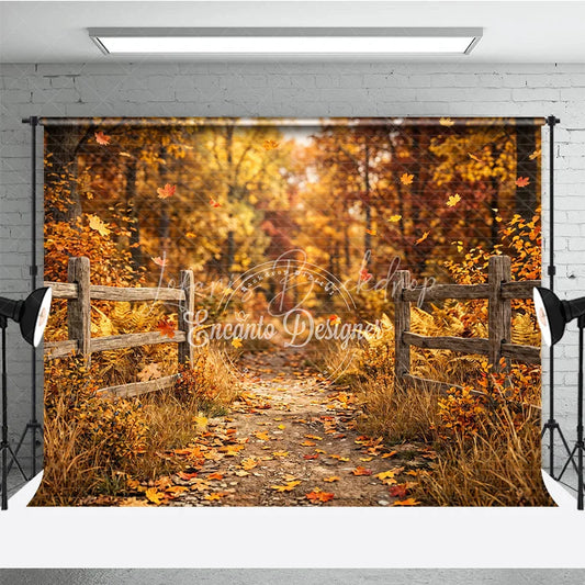 Lofaris Rustic Autumn Forest Path Photography Backdrop with Wooden Fence and Falling Leaves for Fall Photoshoots