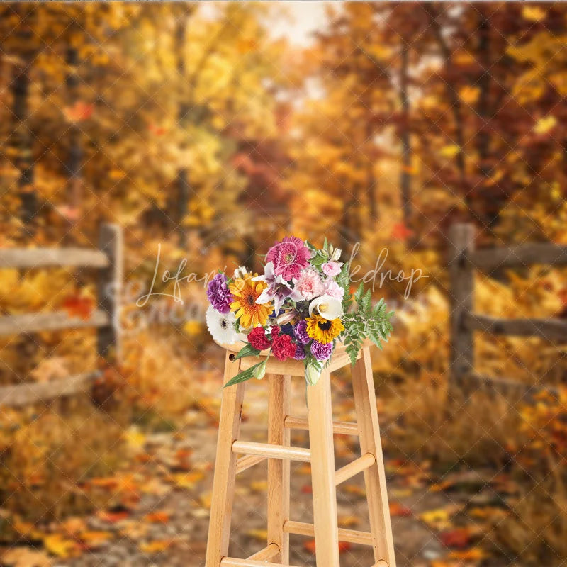 Lofaris Rustic Autumn Forest Path Photography Backdrop with Wooden Fence and Falling Leaves for Fall Photoshoots