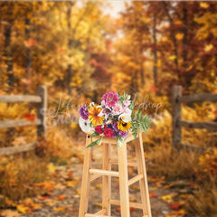 Lofaris Rustic Autumn Forest Path Photography Backdrop with Wooden Fence and Falling Leaves for Fall Photoshoots